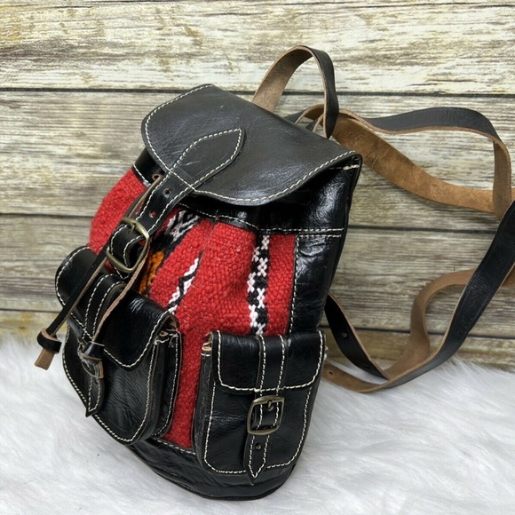 Red Kilim Tapestry Wool Fabric Black Leather Trim Drawstring Small Mini Backpack main image 10